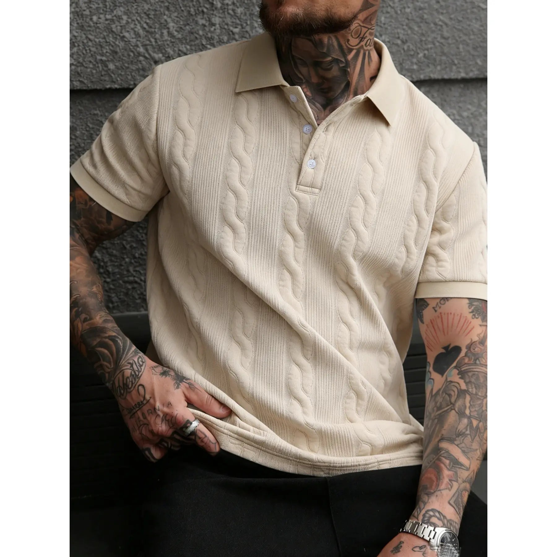 CasualCool Men's Old Money Contrast Knit Short-Sleeve Polo Shirt (Cream)