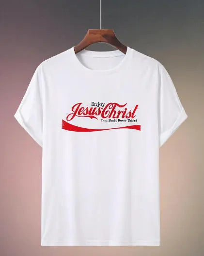 Clever Faith & Pop Culture Mashup Top - ‘Enjoy Jesus’ in Vintage Soda Script for a Thought-Conversation Street Style,Four-season casual short-sleeved T-shirt, sports T-shirt, sport and casual wear, home and casual wear.