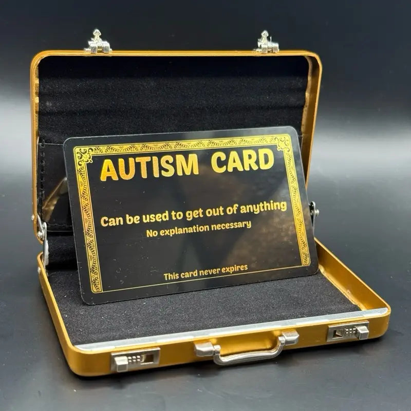 Mini Gold Briefcase & Autism Card - Pocket Suitcase Wallet For Cards (+ 1 Autism Excuse Card Included)