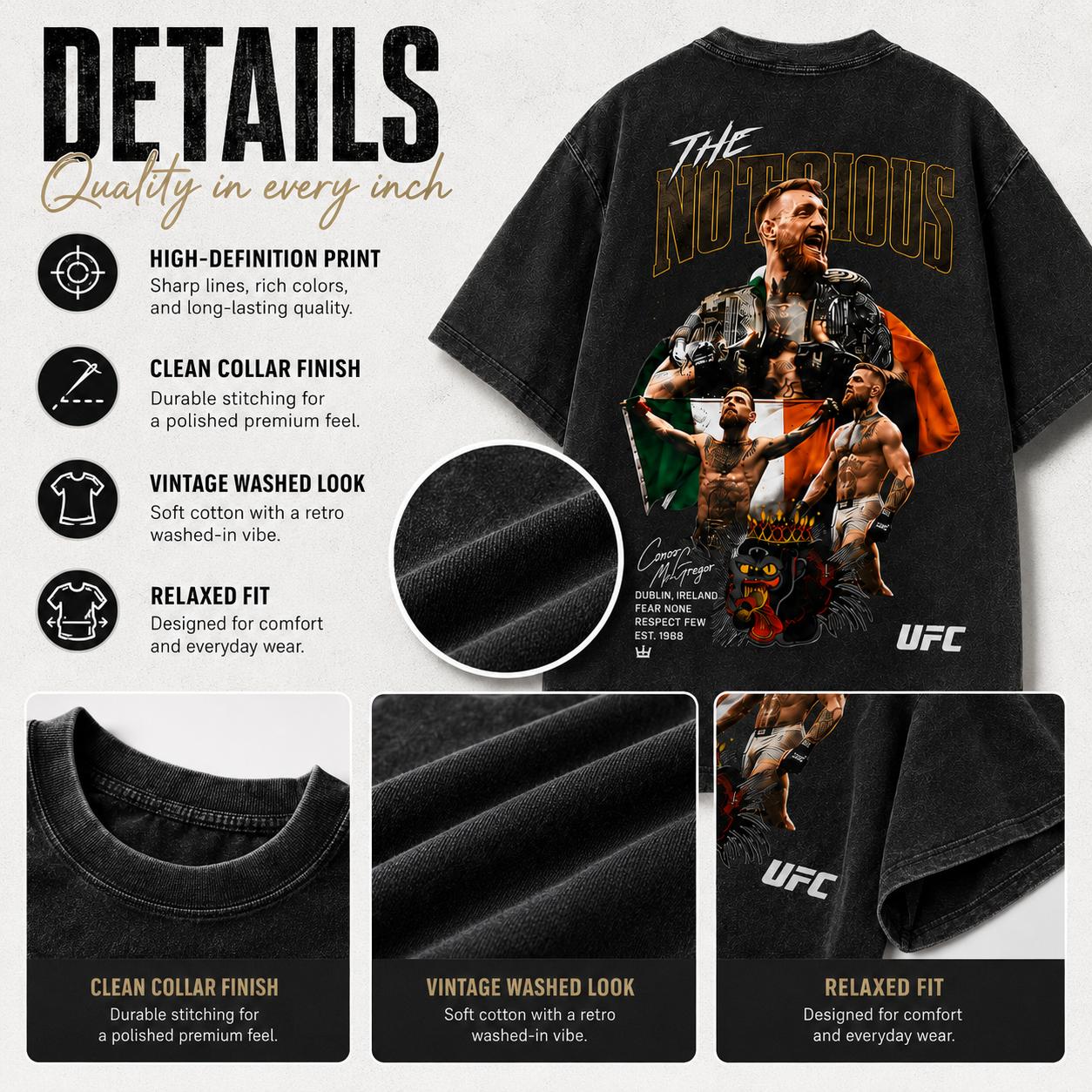Men's UFC 329 Black Conor McGregor T-Shirt, The Notorious UFC Graphic Tee, UFC MMA Shirt, Gift for Fighters, Sports Apparel,Regular,Grunge