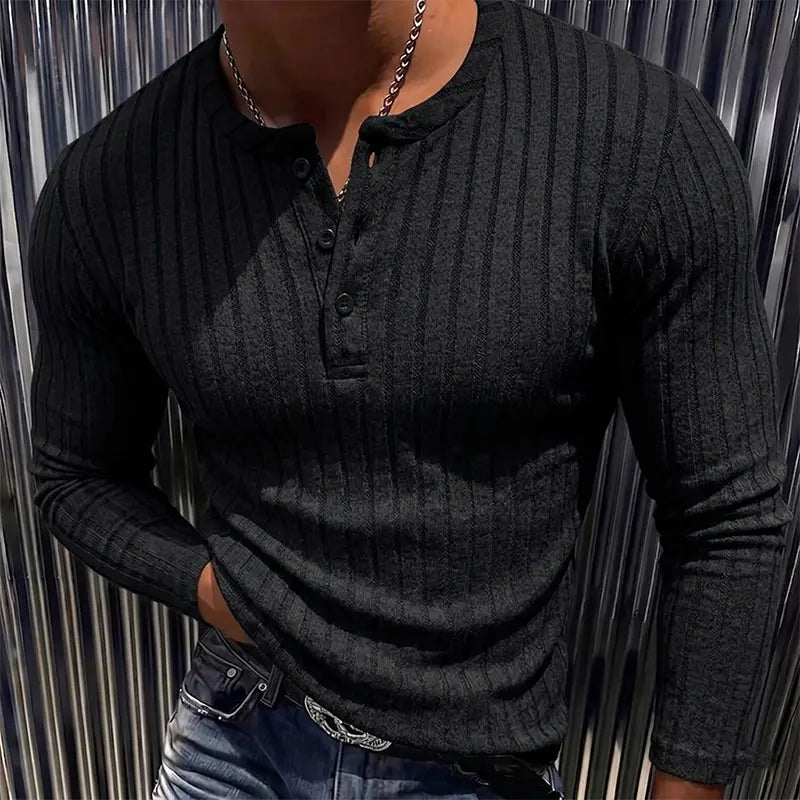 Men’s Ribbed Henley Long Sleeve Shirt Slim Fit Stretch Casual Knit Pullover for Men Soft Breathable Fashion Tee