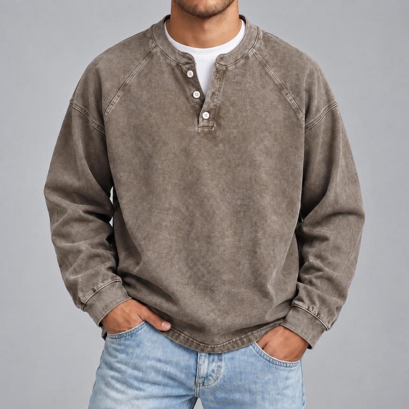 Men's Vintage Washed 3-Button Henley Long Sleeve Plain Pullover, Soft Polyester Oversized Relaxed-Fit Men's Clothing, Dark Brown Casual Streetwear, Dry Clean Compatible Stand Collar Shirt, Everyday Wear Outfits Ribbed Tshirt Wetsuit Menswear Beige Top