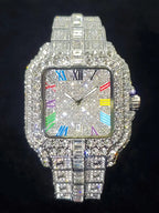 Men's Rhinestone Decorated Square Quartz Watch, Rhinestone Embellished Watch, for Men As Gift with Box, Square Dial, Stainless Steel Wristwatch, Rhinestone Watches