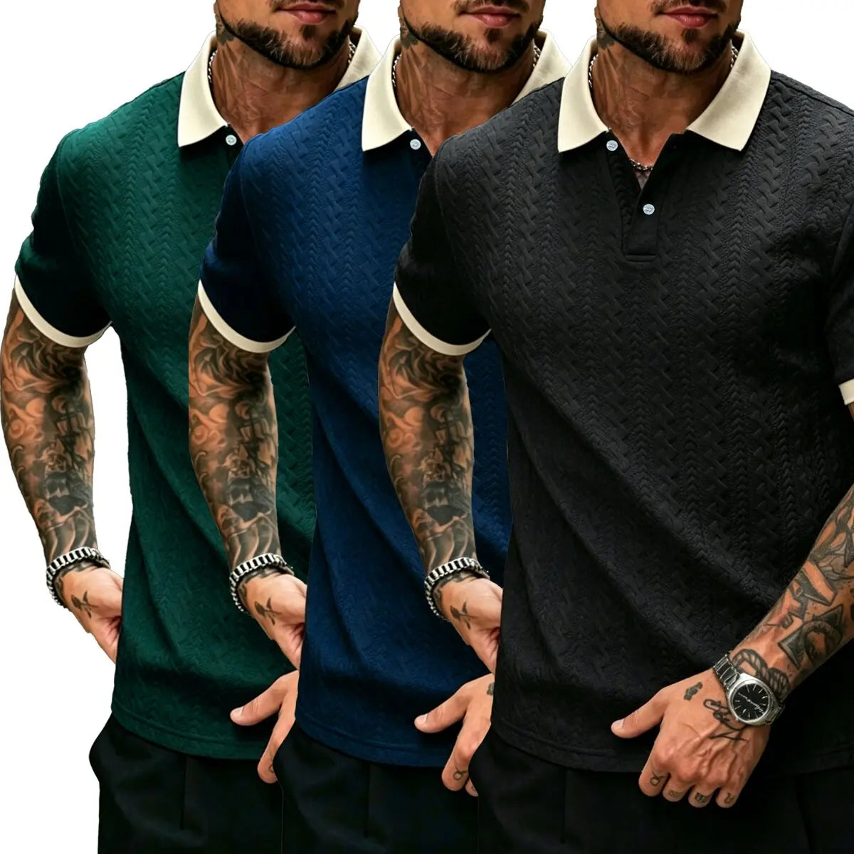 CasualCool Men's Old Money Contrast Knit Short-Sleeve Polo Shirt (Cream)