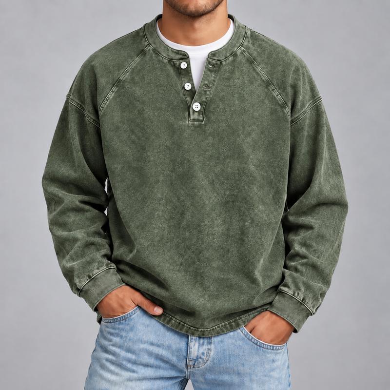 Men's Vintage Washed 3-Button Henley Long Sleeve Plain Pullover, Soft Polyester Oversized Relaxed-Fit Men's Clothing, Dark Brown Casual Streetwear, Dry Clean Compatible Stand Collar Shirt, Everyday Wear Outfits Ribbed Tshirt Wetsuit Menswear Beige Top