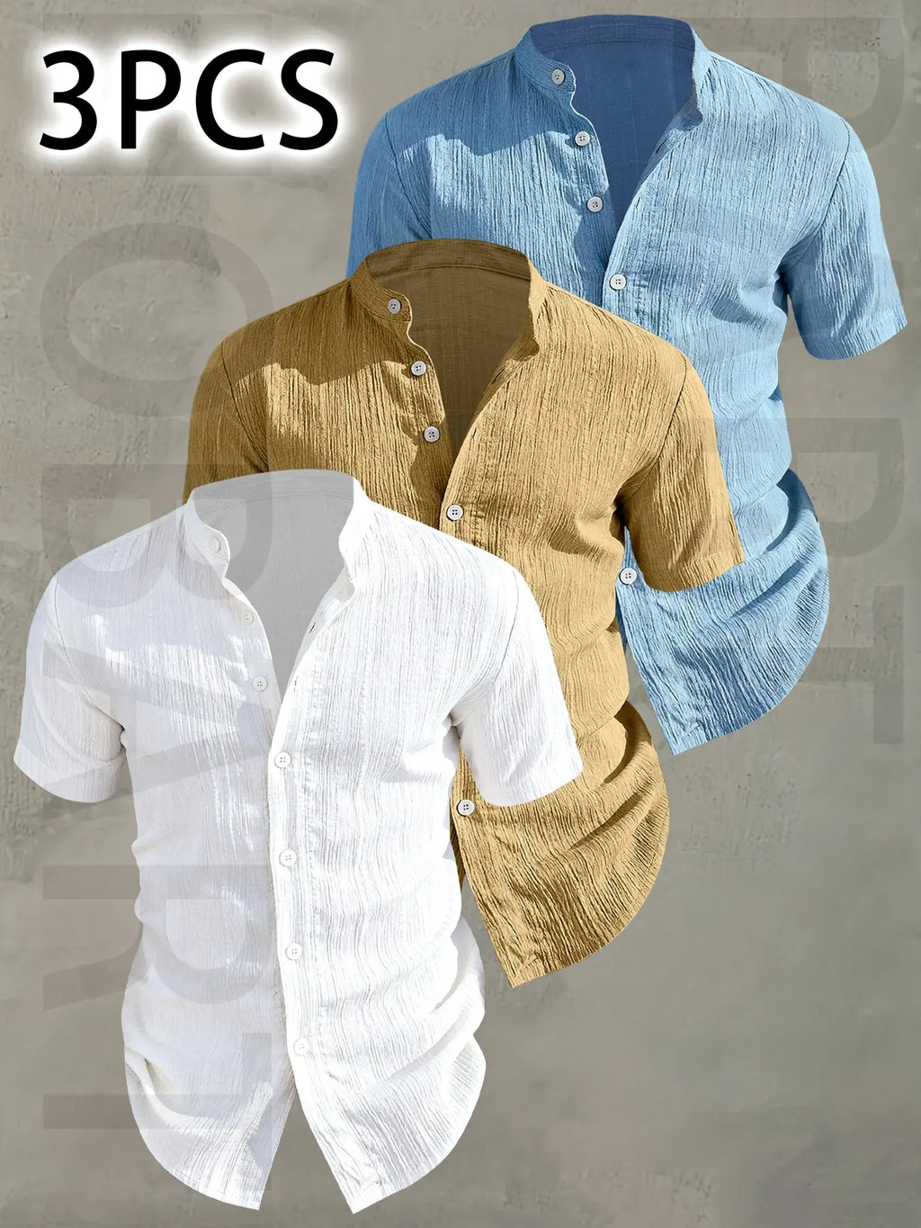 3pcs Men's Summer Lightweight Casual Button-Up Shirts with Stand Collar