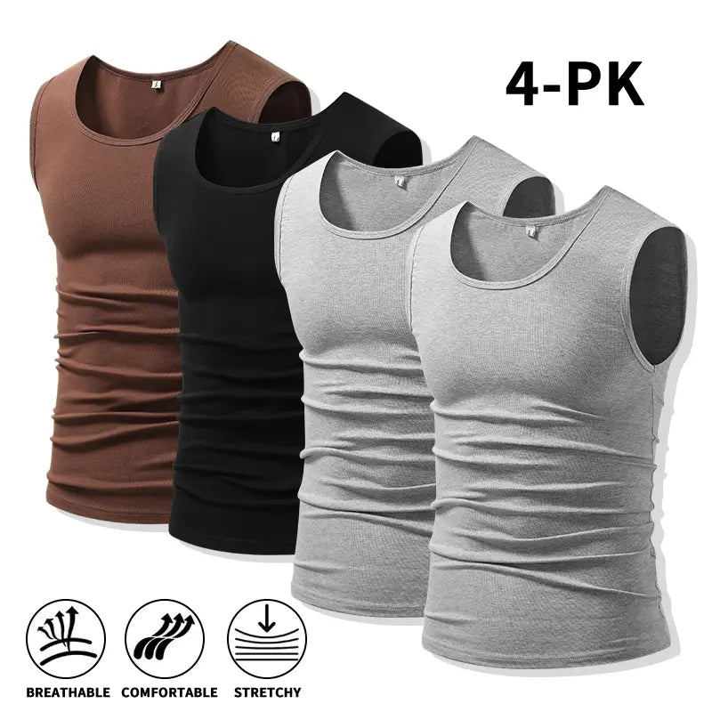 Men 4Pack Cotton Muscle Tank Tops Comfort Stretchy Breathable Summer Workout Sleeveless Sports Undershirts (optional sets of 4 or 2) High Elasticity Lifestyle Beater