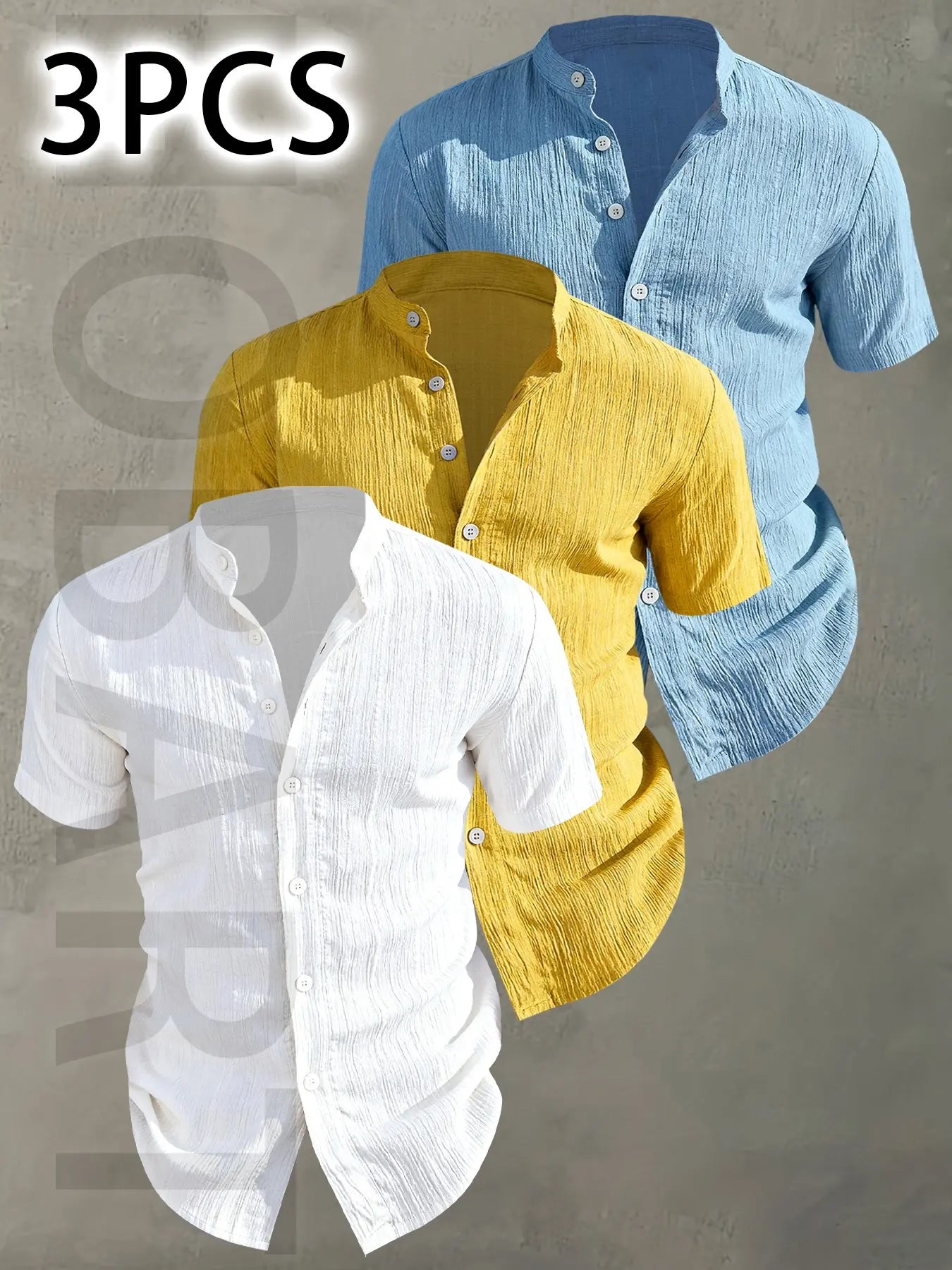 3pcs Men's Summer Lightweight Casual Button-Up Shirts with Stand Collar