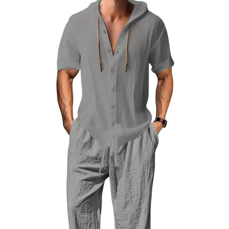 Men's 2-Piece Summer Linen Outfit: Breathable Hooded Shirt & Loose Pants
