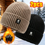 2‑Pack Men Winter Fleece Lined Knit Beanie Hat, Thick Cuffed Skull Cap for Large Head, Warm Thermal Hat for Cycling Skiing Outdoor Daily Wear