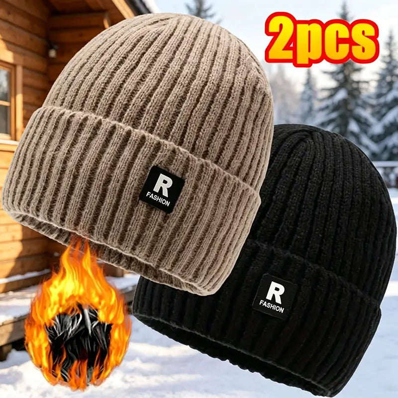 2‑Pack Men Winter Fleece Lined Knit Beanie Hat, Thick Cuffed Skull Cap for Large Head, Warm Thermal Hat for Cycling Skiing Outdoor Daily Wear