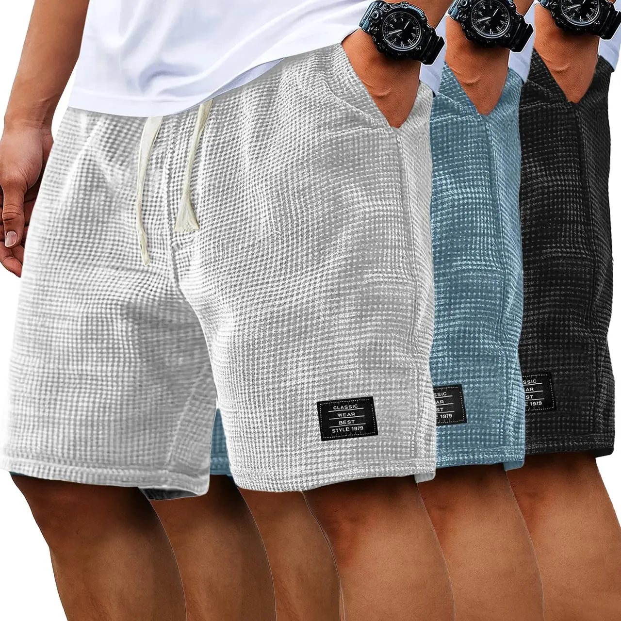 Men's 2-Pack Waffle Casual Shorts (Loose Fit, Solid Color)