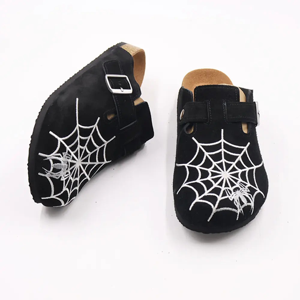 Gothic Men's Boston-Style Clogs with Spider & Web Embroidery, Comfort Cork Footbed, Adjustable Buckle Casual Slip-On Shoes