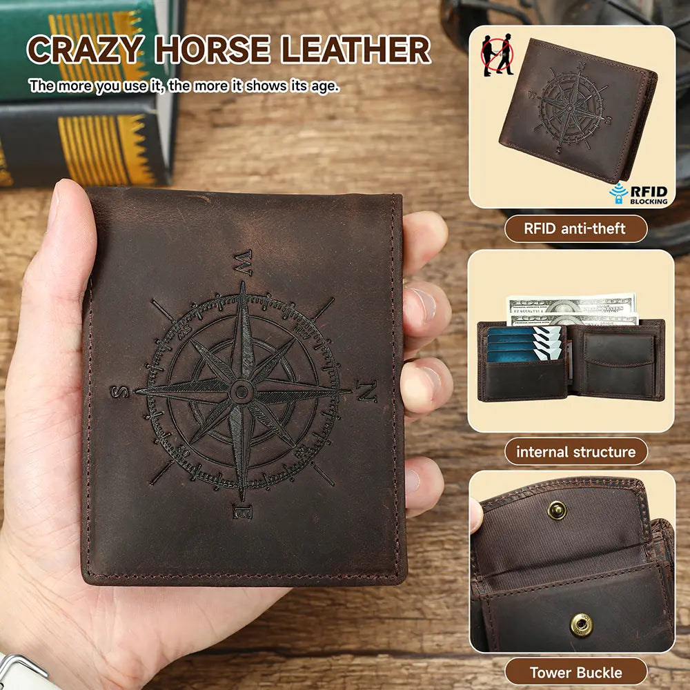 Men's Genuine Cowhide Short Wallet - Foldable, Compass Geometric Pattern, Compartmental Design, Multiple Card Slots, Large Capacity, Chic, Coin Holder/Purse, Casual Accessories for Adults, Ideal Father's Day Gift for Guys,sohochic