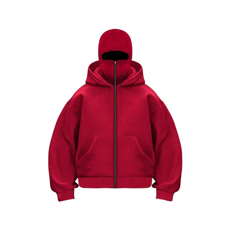 Balaclava Hoodie With Built-In Zip - Black Polyester Long Sleeve Men's Athletic Sweatshirt for Autumn Winter Sports & Casual Wear