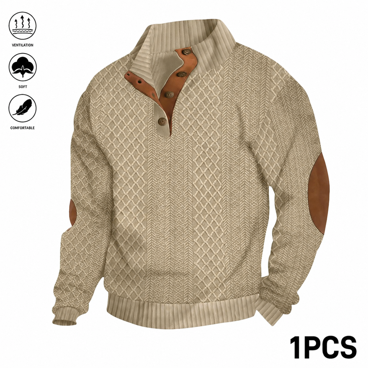 Men's Jacquard Stand Collar Long Sleeve Henley Tops 3-Pack - Khaki - 1PCS