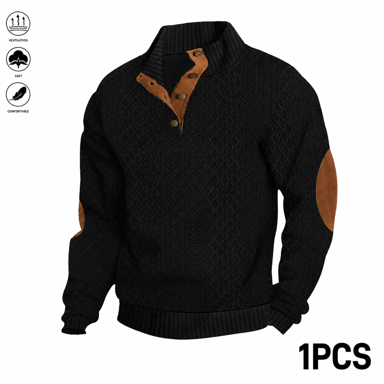 Men's Jacquard Stand Collar Long Sleeve Henley Tops 3-Pack - Black - 1PCS