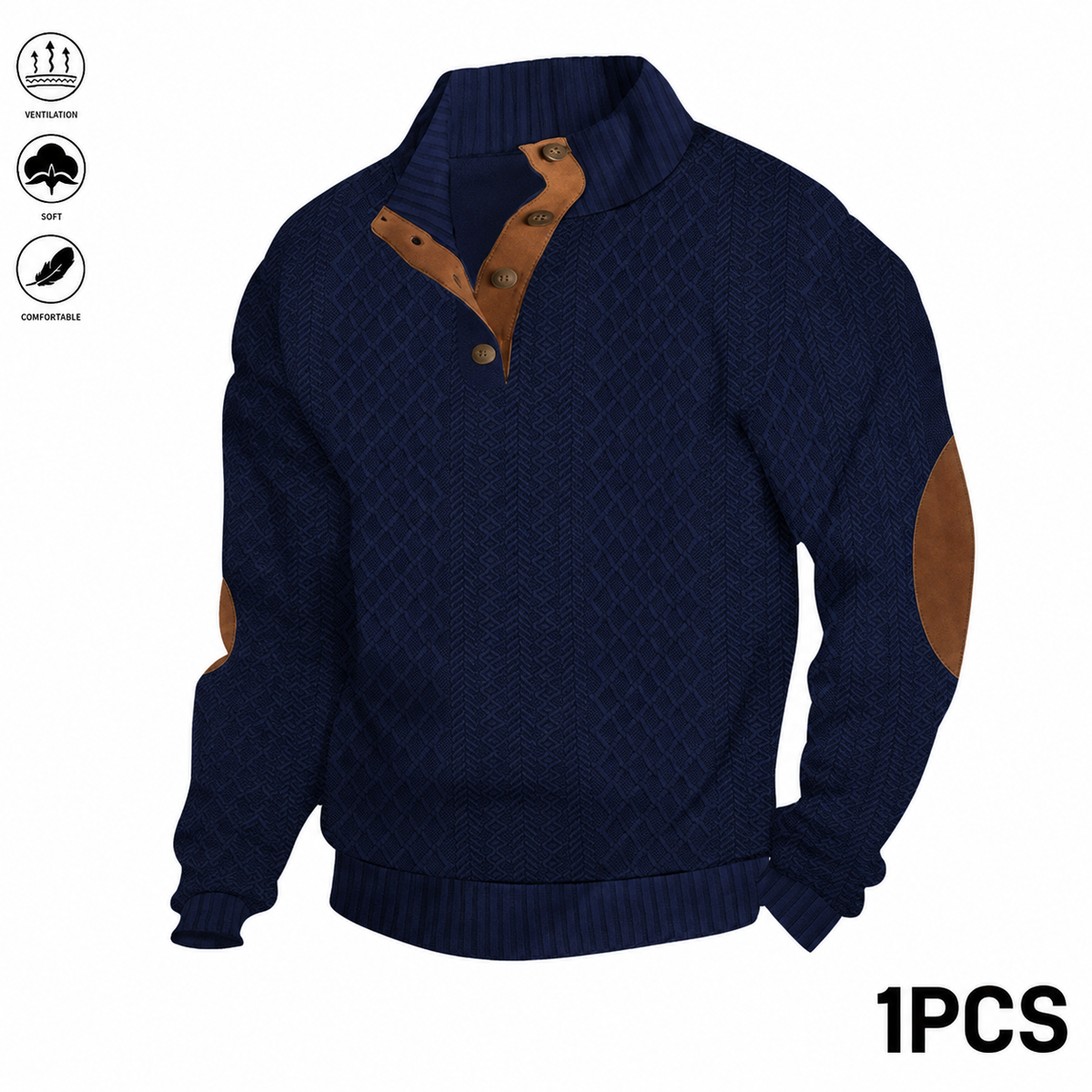 Men's Jacquard Stand Collar Long Sleeve Henley Tops 3-Pack - Dark Blue - 1PCS