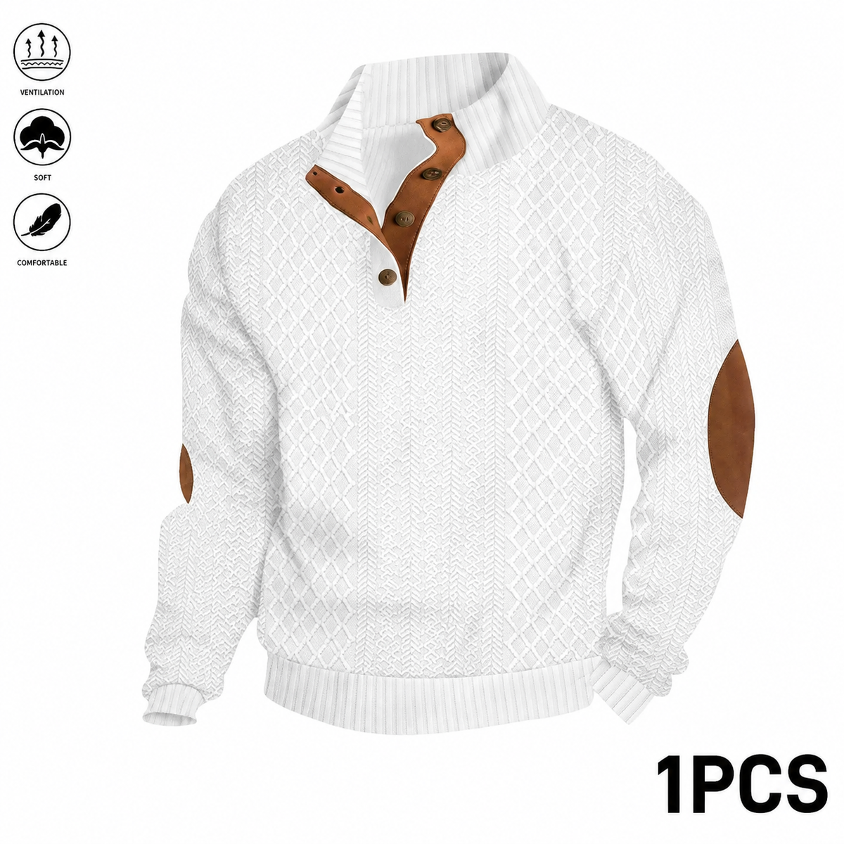 Men's Jacquard Stand Collar Long Sleeve Henley Tops 3-Pack - White - 1PCS