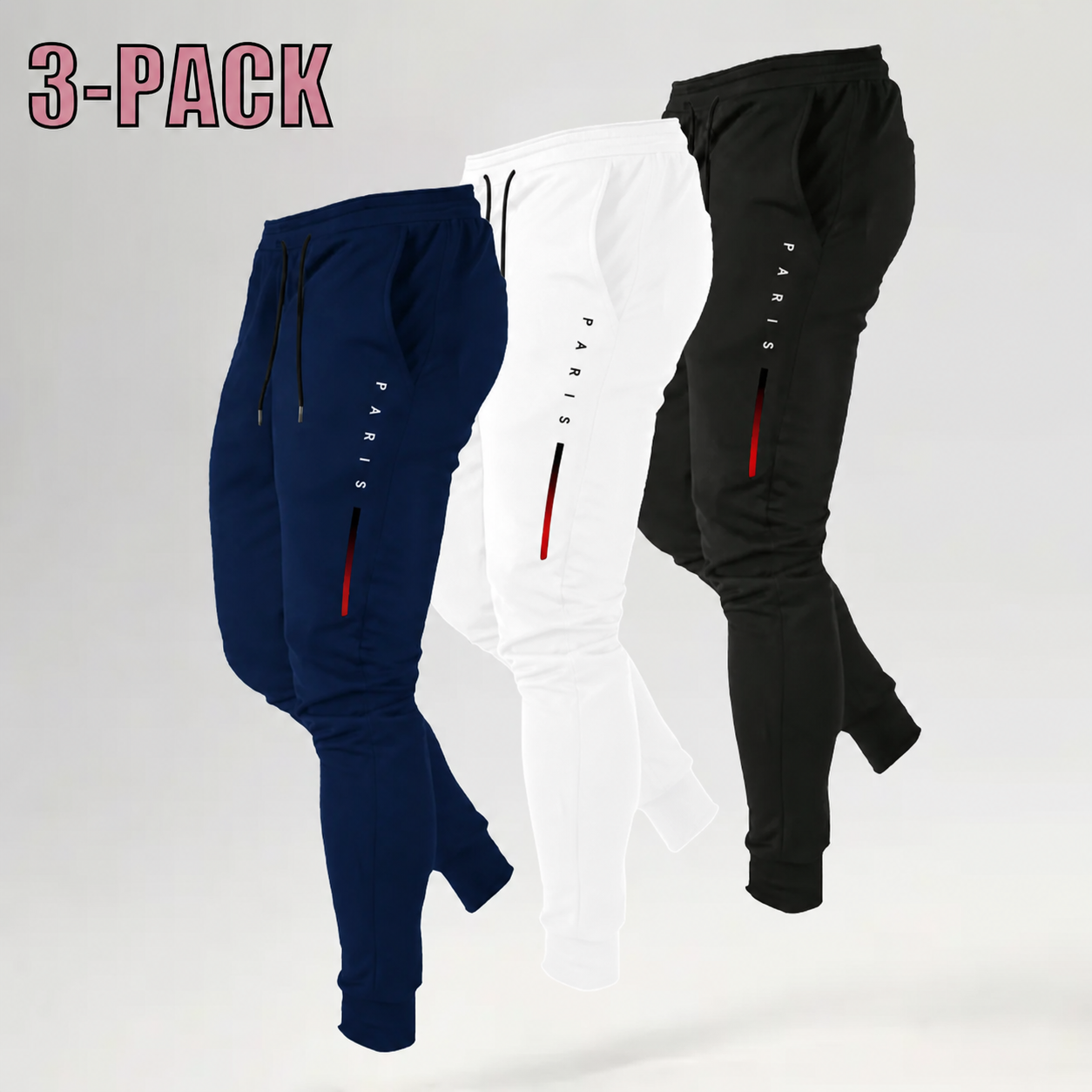 Men's Print Athleisure Joggers 3-Pack (Black, Gray, Navy)