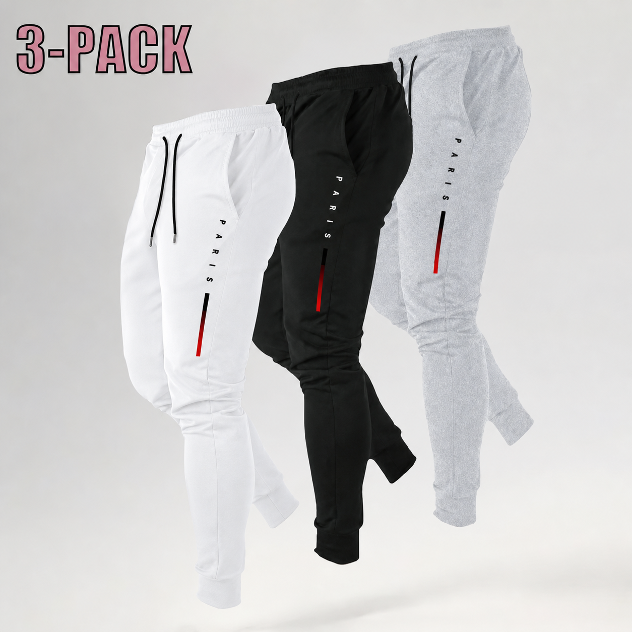 Men's Print Athleisure Joggers 3-Pack (Black, Gray, Navy)