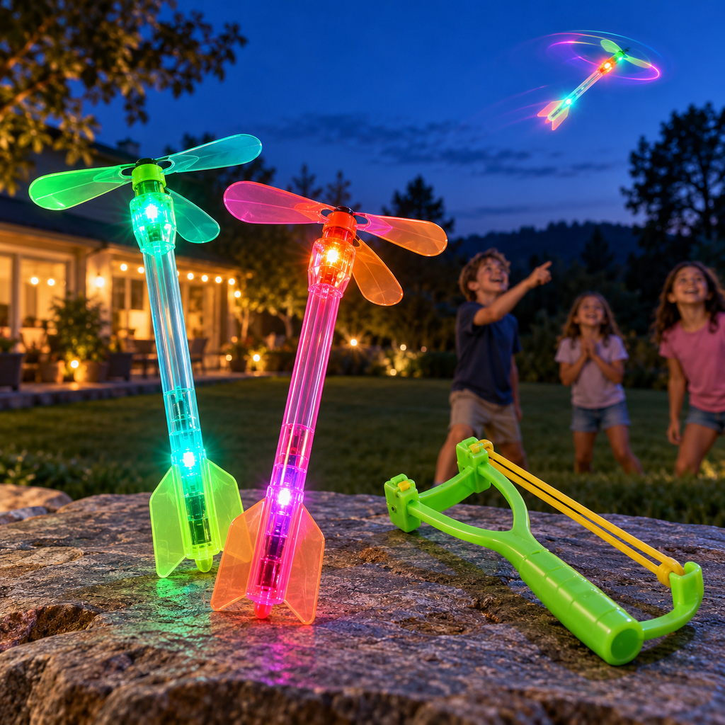Colorful LED slingshot helicopter toys in a summer backyard at dusk