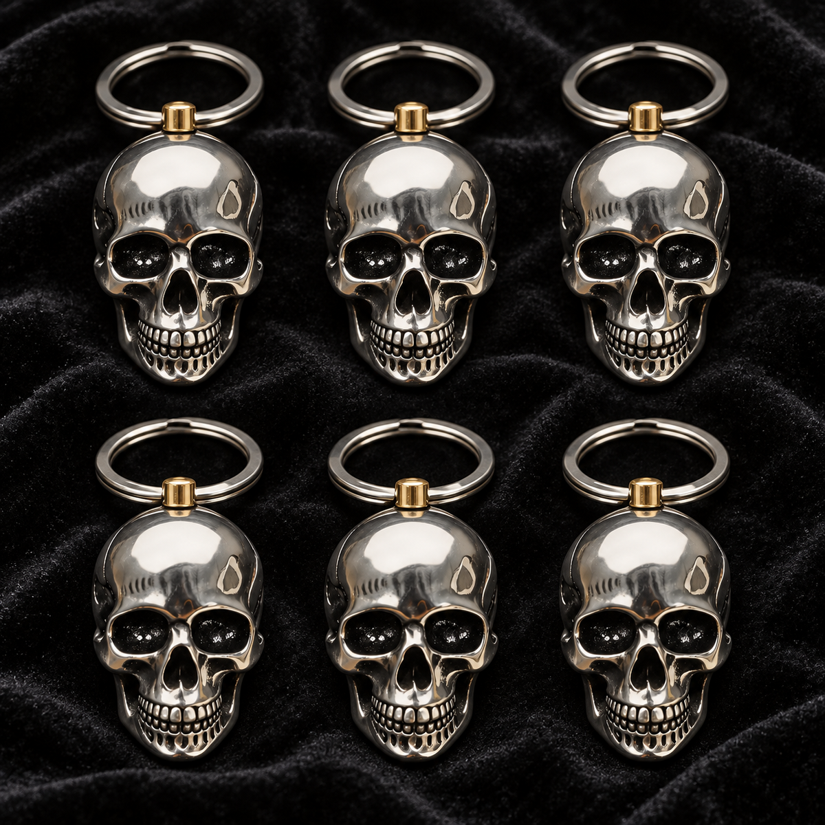 6 Pieces 3D Skull Stainless Steel Keychain on Black Velvet