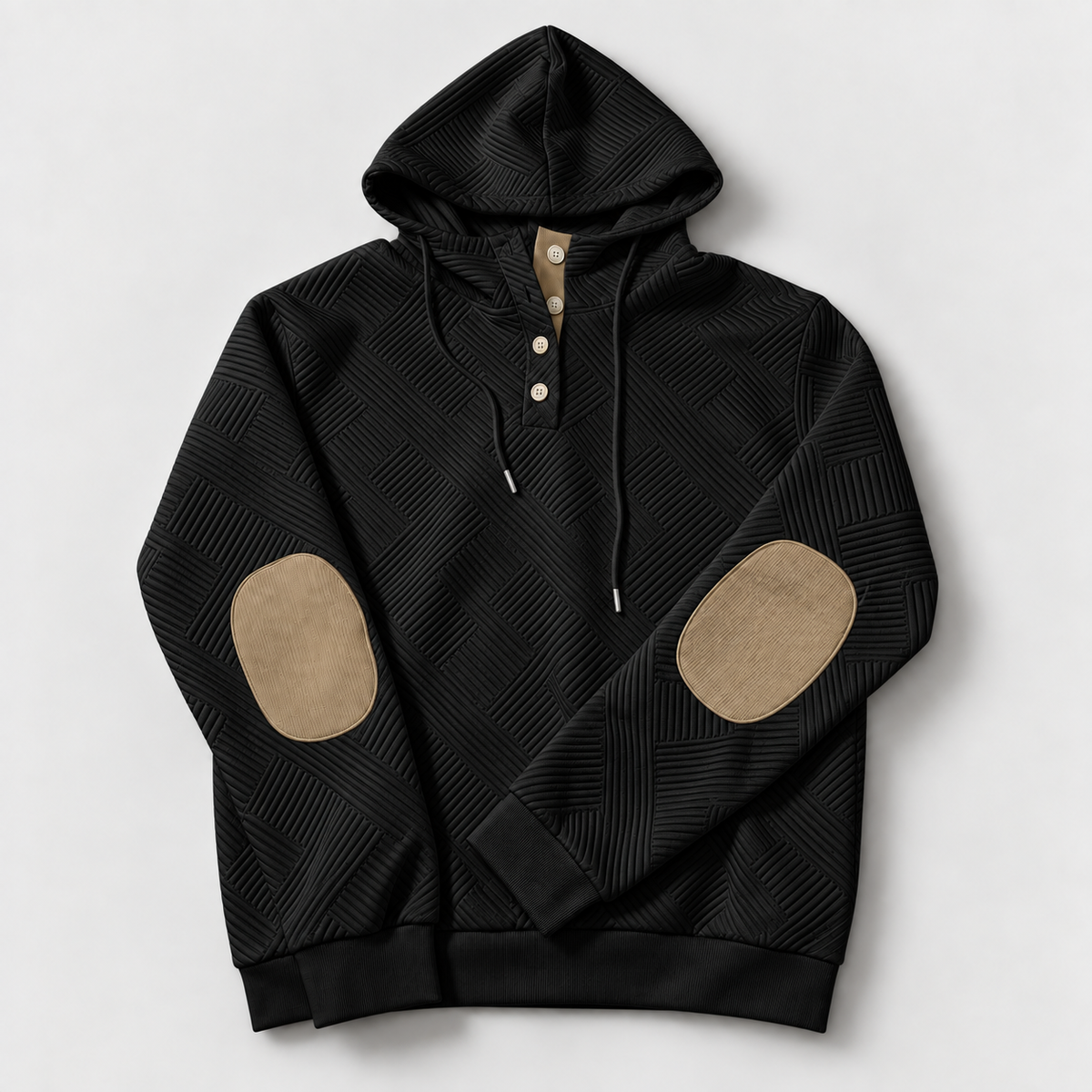 Black textured pullover hoodie only with tan elbow patches