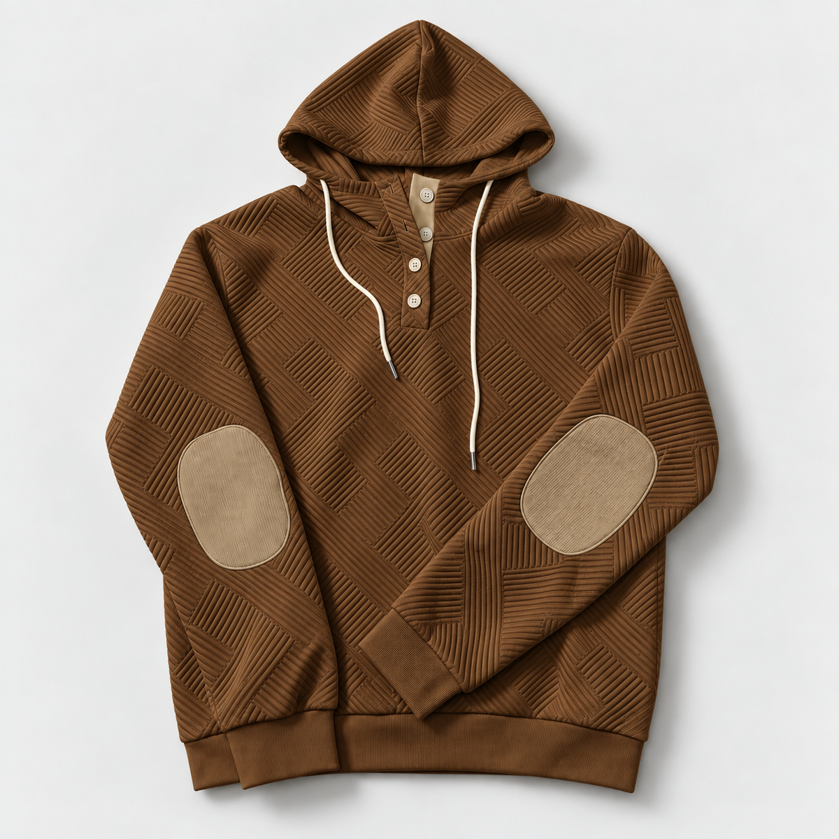 Caramel textured pullover hoodie only with tan elbow patches