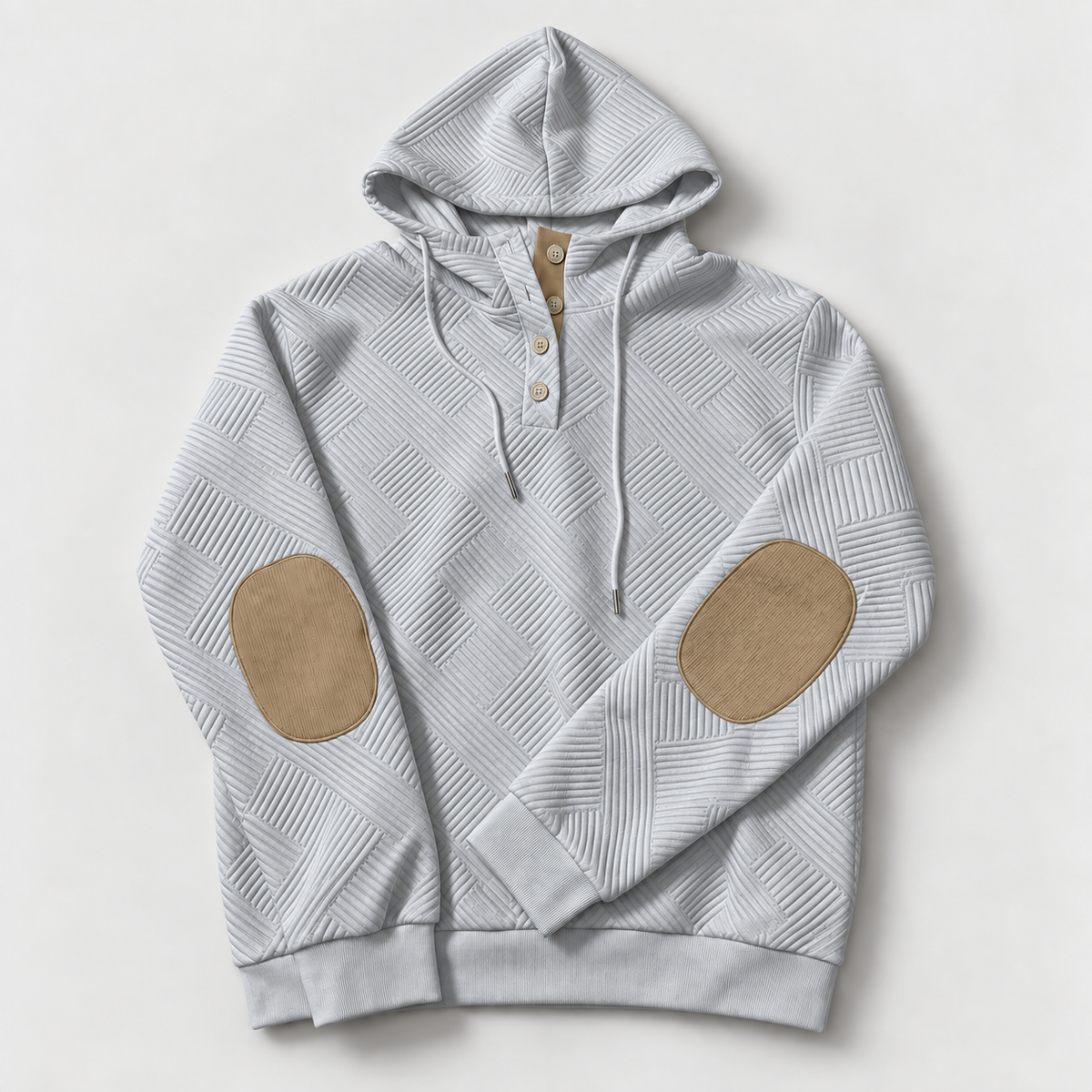 Gray textured pullover hoodie only with tan elbow patches
