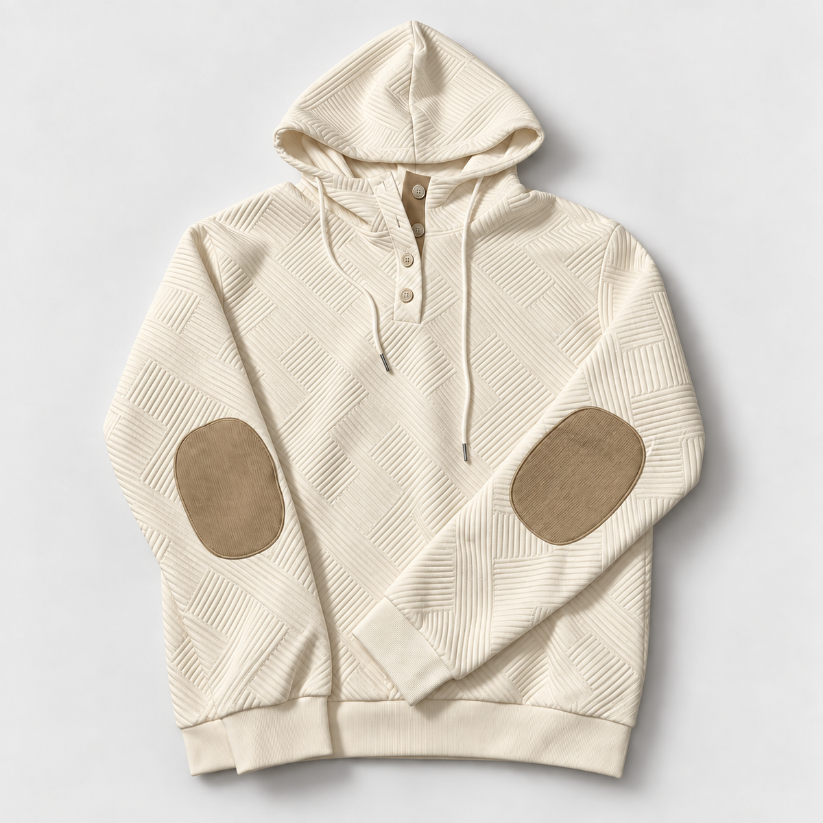 Khaki textured pullover hoodie only with tan elbow patches