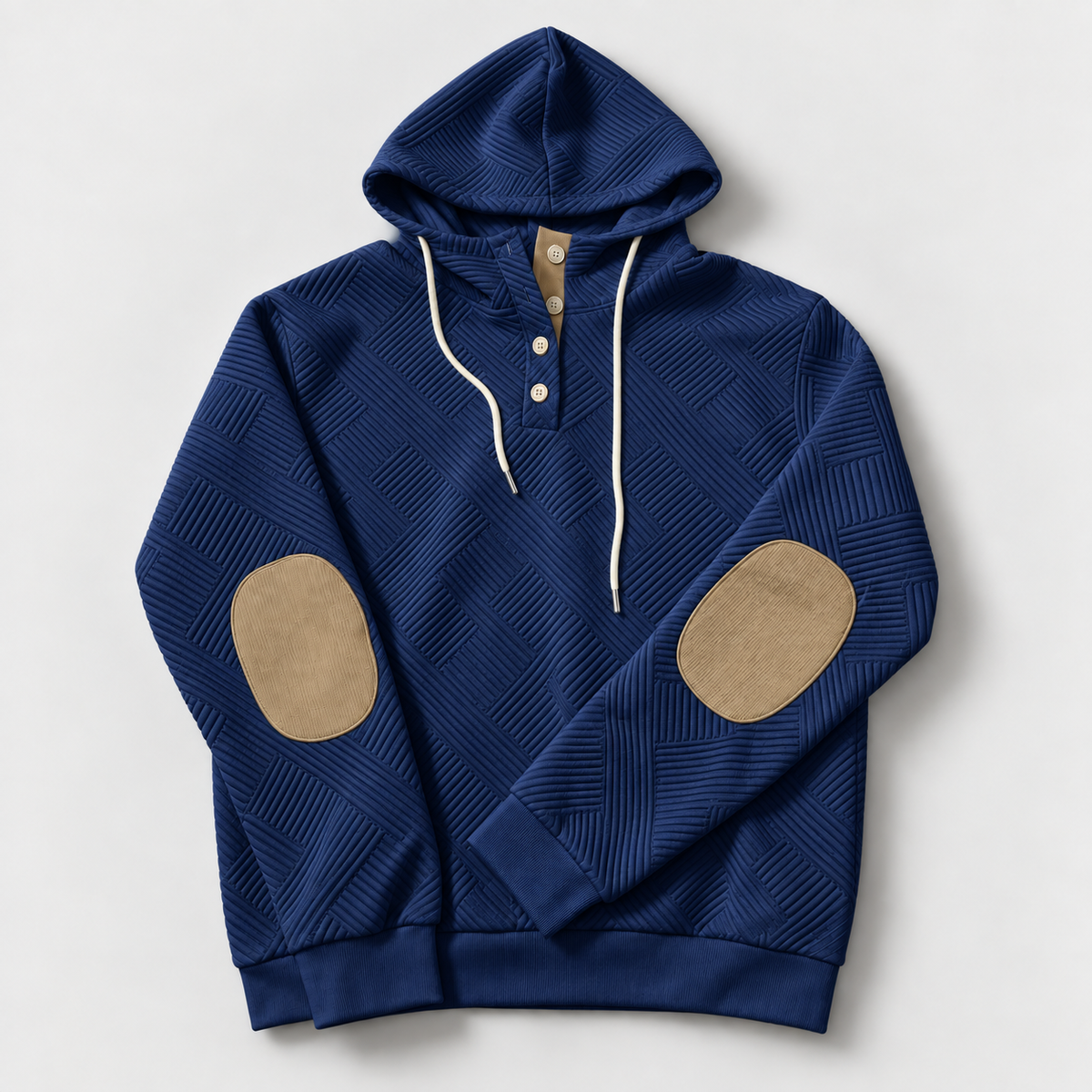 Treasure Blue textured pullover hoodie only with tan elbow patches