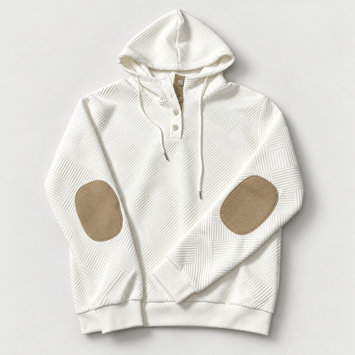 White textured pullover hoodie only with tan elbow patches